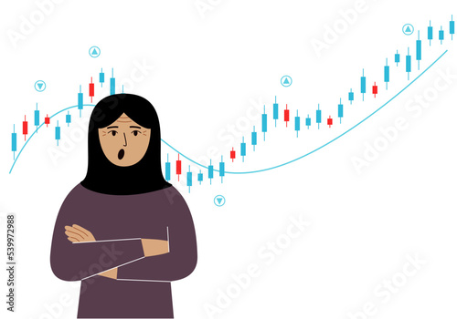 A arab woman on the background of a Forex chart. Conceptual illustration on the topic of strategic planning in trading on the stock exchange.