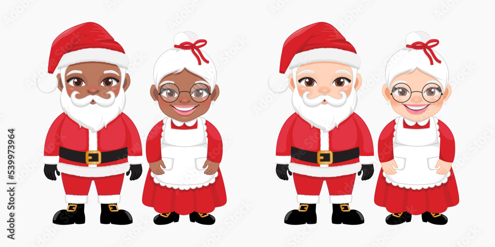 Santa and Mrs Claus standing in Christmas Festival Design, American African Santa and his wife Vector