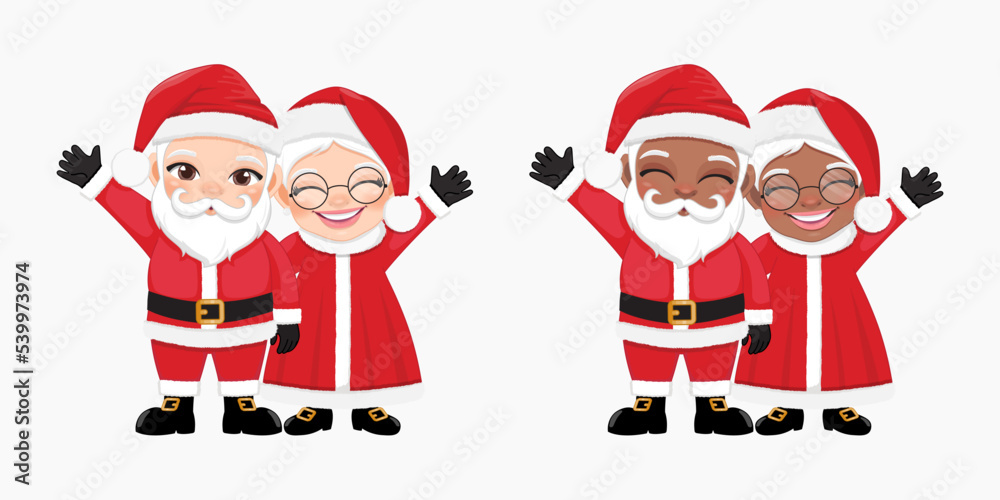 Santa Claus and his wife waving hands and greeting Vector illustration, American African Santa and wife Christmas character on white background.