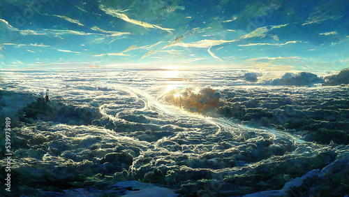 WIde Angle Japanese Anime Landscape Background. Clear Sky with Dynamic Cloud. Above Cloud. Beyond Atmosphere. Sunlight See Through Cloud Beautiful Scenery. 