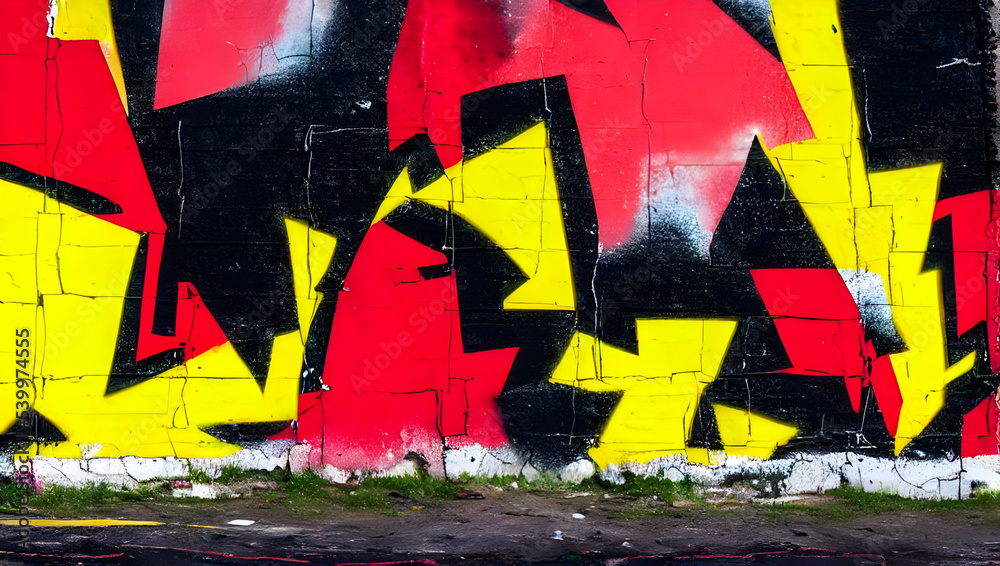 a cracked paint graffiti of the german / belgian flag colors on an old aging house wall - illustration - background texture