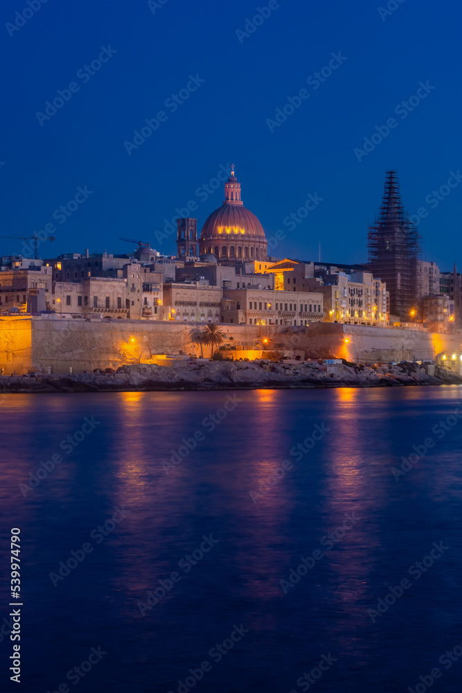 Skyline of Valletta by night, view from Sliema,  Malta