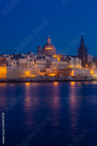 Skyline of Valletta by night, view from Sliema, Malta