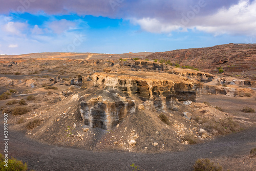 The stratified city of Lanzarote, a volcanic area with geological rock formations, Canary Islands in Spain