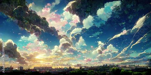 WIde Angle Japanese Anime Landscape Background. Clear Sky with Dynamic Cloud. Sakura Tree. Beautiful Scenery. © Uomi