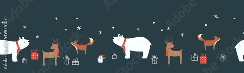 Cute hand drawn animals seamless pattern, winter background, christmas design - great for wallpapers, wrapping paper, fabrics - vector design