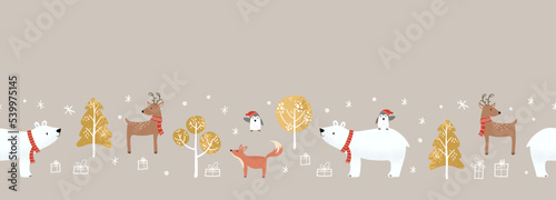 Cute hand drawn animals seamless pattern, winter background, christmas design - great for wallpapers, wrapping paper, fabrics - vector design