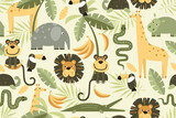 Seamless pattern in scandinavian style with cute elephant, toucan, giraffe, lion, snake, hippopotamus and monkey. Ideal for baby cloth, baby room decoration, packaging. Vector illustration.