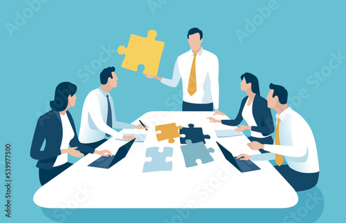 The final piece. Leader holds a final piece of puzzle. Presentation of the solution of the problem. Business vector illustration