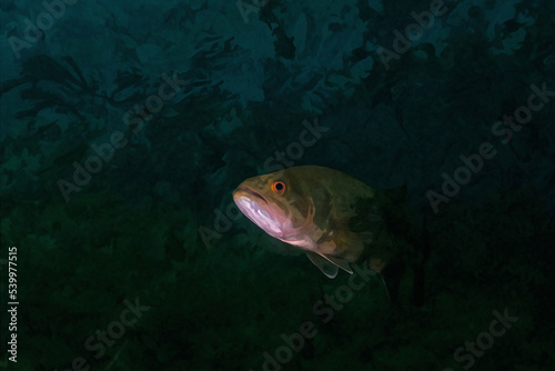 Digitally created watercolor painting of a smallmouth bass swimming in a Michigan inland lake.