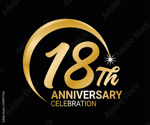 18th Anniversary ordinal number Counting vector art illustration in stunning font on gold color on black background