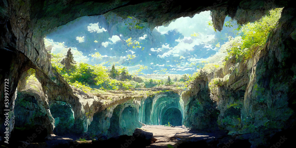 Fototapeta premium WIde Angle Japanese Anime Landscape Background. Clear Sky with Dynamic Cloud. Secret Fairytale Sacred Cave. Beautiful Scenery.