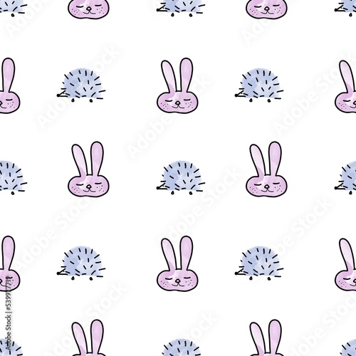 Simple and funny background with rabbit and hedgehog. Designed for textile fabrics  wrapping paper  wallpaper.