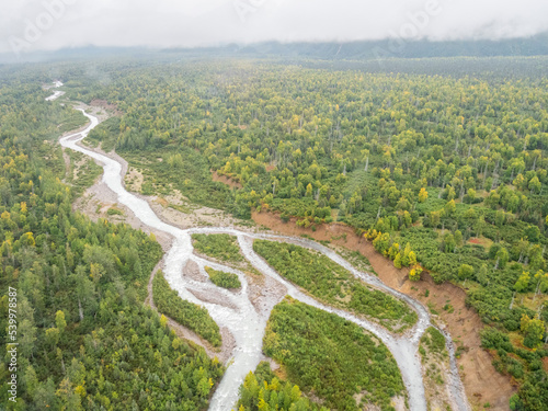 View of the braided river leading to Crescent Lake in Lake Clark National Park