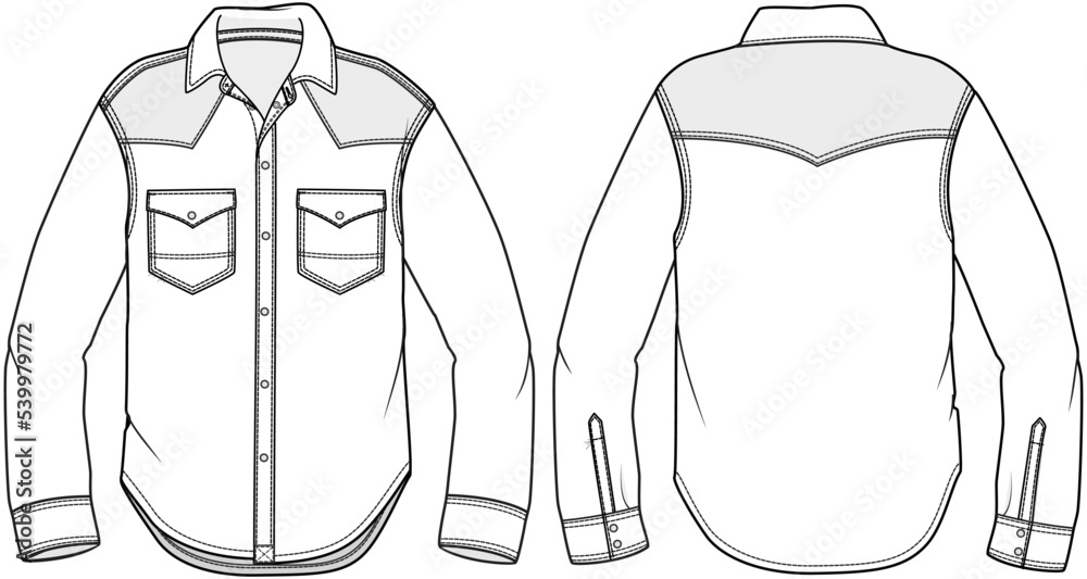 mens western shirt flat sketch vector illustration. long sleeve casual ...