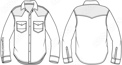 mens western shirt flat sketch vector illustration. long sleeve casual shirt front and back view technical cad drawing template.