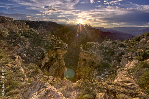 Coronado Falls with the sun setting behind the Sinking Ship at Grand Canyon, Grand Canyon National Park, UNESCO World Heritage Site, Arizona