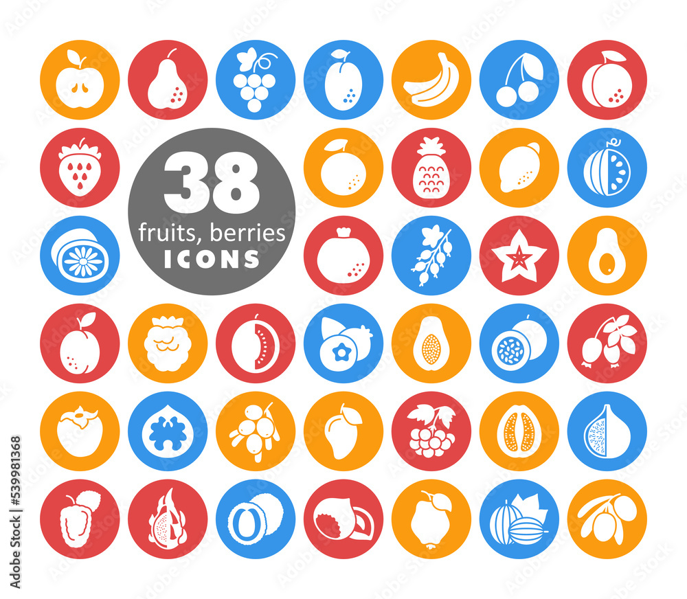 Set of Fruits and Berries vector glyph icons Set of Fruits and Berries vector glyph icons