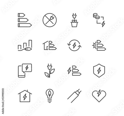 Set of energy saving and saving money icons, power, energy costs, property, level, green house and linear variety vectors.