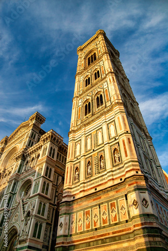 Cathedral of Santa Maria del Fiore (Duomo) and the bell tower designed by Giotto at sunset, Florence, UNESCO World Heritage Site, Tuscany, Italy photo