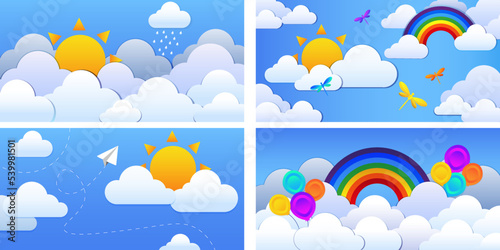 collection cartoon element rainbow cloud sun butterfly kite balloons