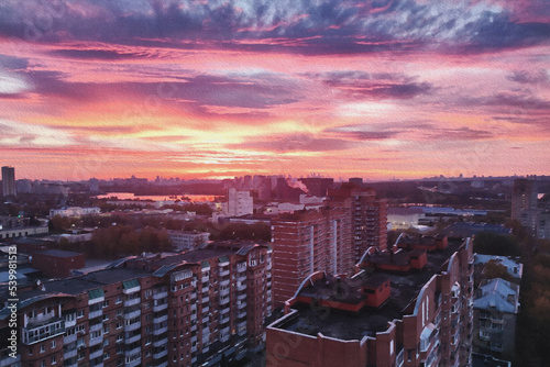 Top view of modern residential area at sunset background