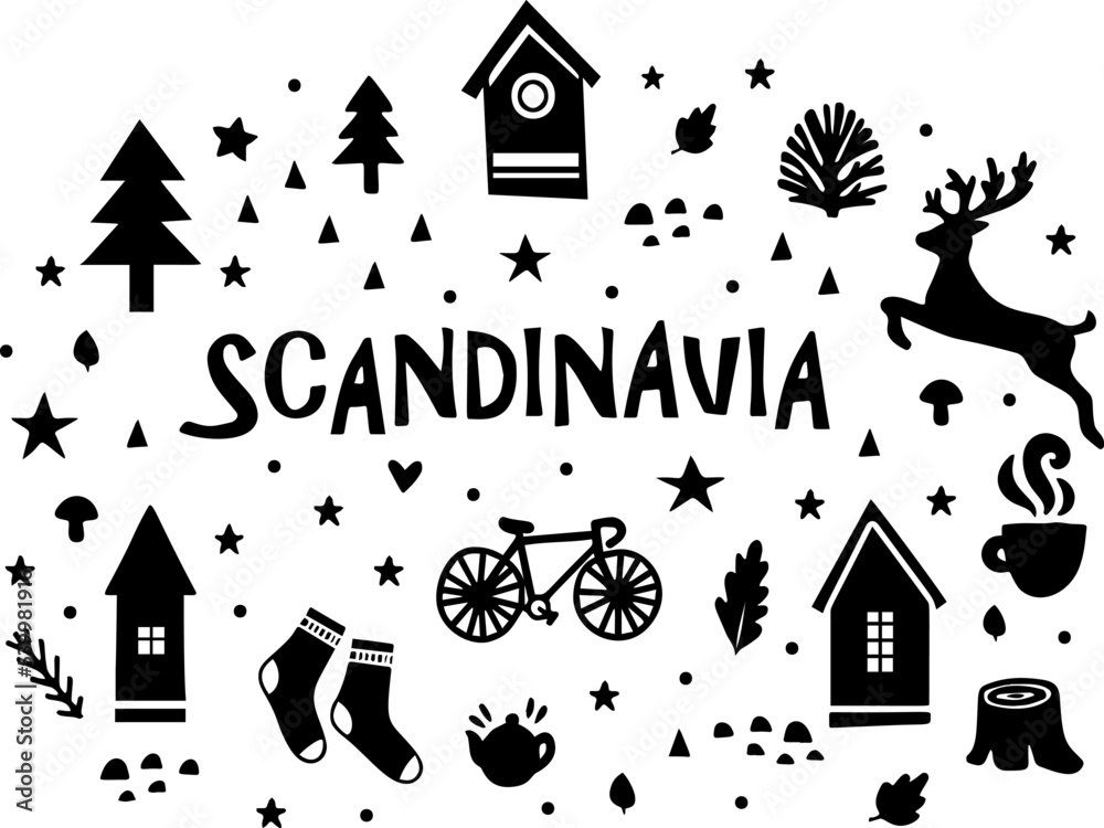 Scandinavia concept pattern in vector. House,
 church, birds, deer, bicycle, christmas tree and other symbols 