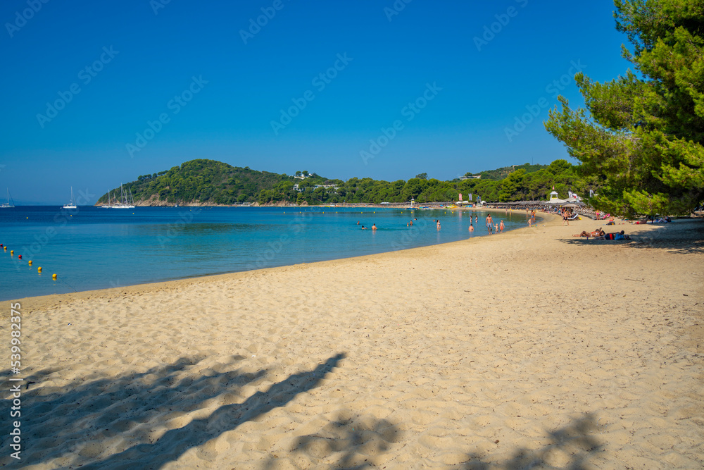 View of Koukounaries Beach, Skiathos Town, Skiathos Island, Sporades Islands, Greek Islands View of Koukounaries Beach, Skiathos Town, Skiathos Island, Sporades Islands, Greek Islands
