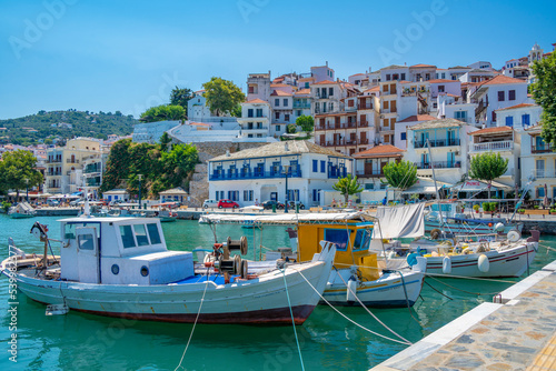 View of town overlooking the harbour, Skopelos Town, Skopelos Island, Sporades Islands, Greek Islands