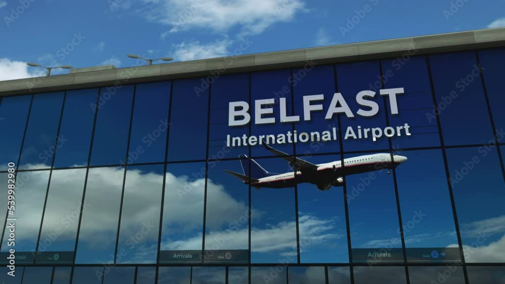 Plane landing at Belfast, Ireland 3D. Arrival in the city with the glass airport terminal and reflection of the jet aircraft. Travel, business, tourism and transport 3D concept. Plane landing at Belfast, Ireland 3D. Arrival in the city with the glass airport terminal and reflection of the jet aircraft. Travel, business, tourism and transport 3D concept.