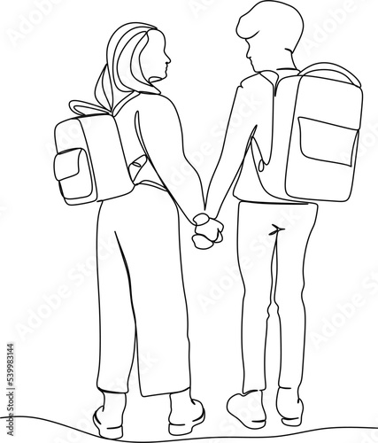 Children going to School with backpacks continuous line drawing, vector graphic. Schoolchildren boy and girl go to school holding hands, simple drawing, black and white illustration