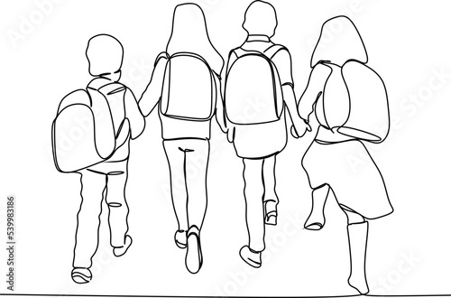 Children going to School with backpacks continuous line drawing, vector graphic. Schoolchildren boy and girl go to school holding hands, simple drawing, black and white illustration