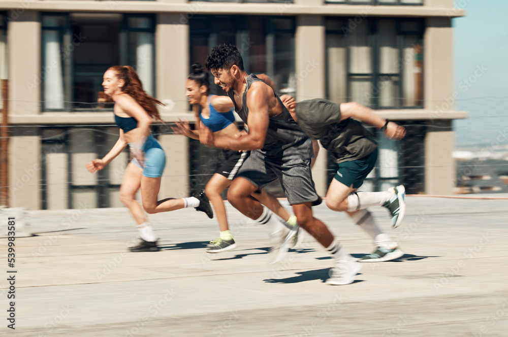 Runner, fitness and race, competitive young people and running, exercise  with cardio endurance in cityscape. Diversity, men and women run, sport  training and workout, active and sports lifestyle. Photos | Adobe Stock