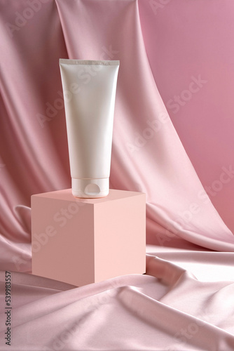 White bottle cosmetic product on pastel textile background and podium. Beauty product concept. Pastel pink cube podium to show cosmetic products