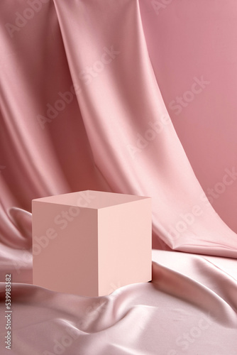 Pastel pink cube podium to show cosmetic products. Beauty product concept.