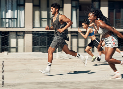 Exercise, diversity and athlete outdoor running for health, wellness or training together in sportswear. Team, workout and runner doing fitness, for competition or marathon for happy, smile and relax