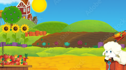 cartoon farm ranch scene with rural wooden house - illustration