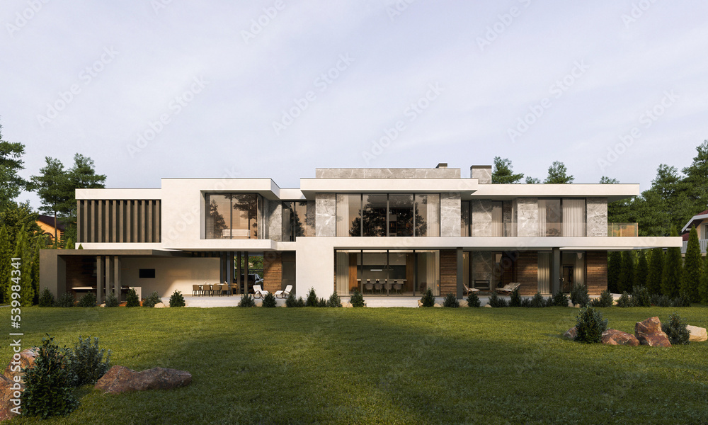 Obraz premium 3D visualization of a modern house with a terrace and panoramic windows. Modern architecture.