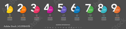 Modern vector flat illustration. Infographic numbers template with nine icons, circles. Timeline designed for business, presentations, web design, interface, diagrams with 9 steps on black background