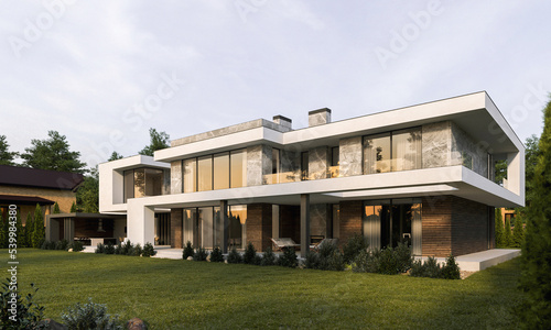 3D visualization of a modern house with a terrace and panoramic windows. Modern architecture. © House