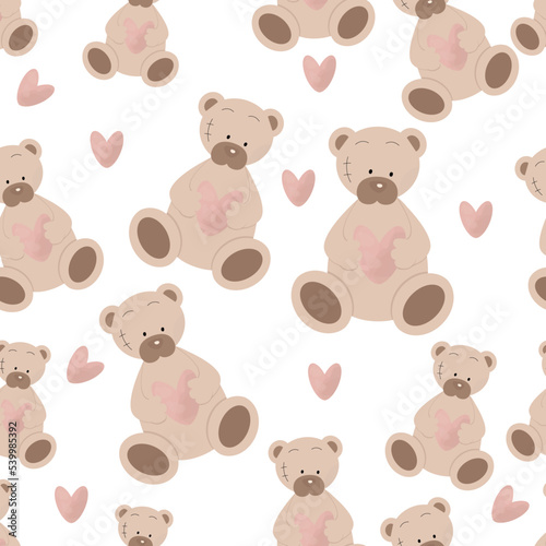 Seamless pattern cute teddy bear with hearts