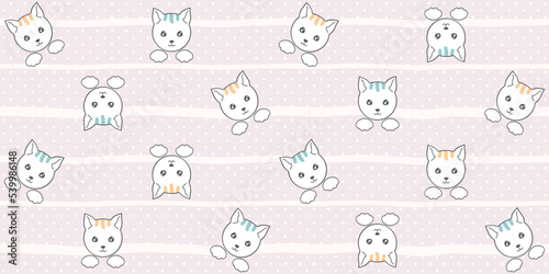 White cat faces and paws on a pale pink striped background with polka dots. Endless texture with cute kittens. Vector seamless pattern for cover, wrapping paper, surface texture, nursery room or print
