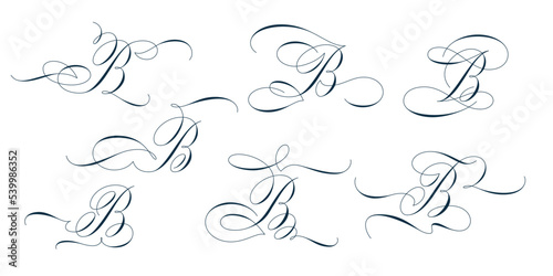 Set of beautiful calligraphic flourishes on capital letter B isolated on white background for decorating text and calligraphy on postcards or greetings cards. Vector illustration.