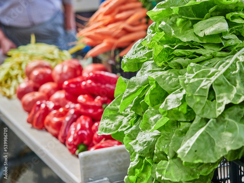 Selective focus of a lettuce at a market stall. Vegetables from the garden