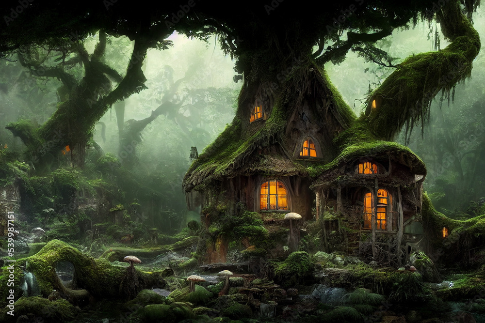 old house in the woods. Forest digital art background. old house in the woods. Forest digital art background.