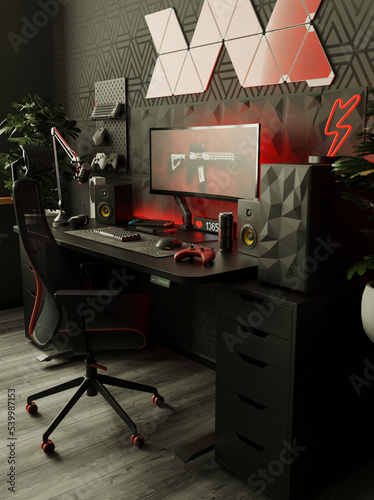 A general view of the comfortable workplace of a professional gamer and cybersprotsman. The interior is in dark colors. 3D render.