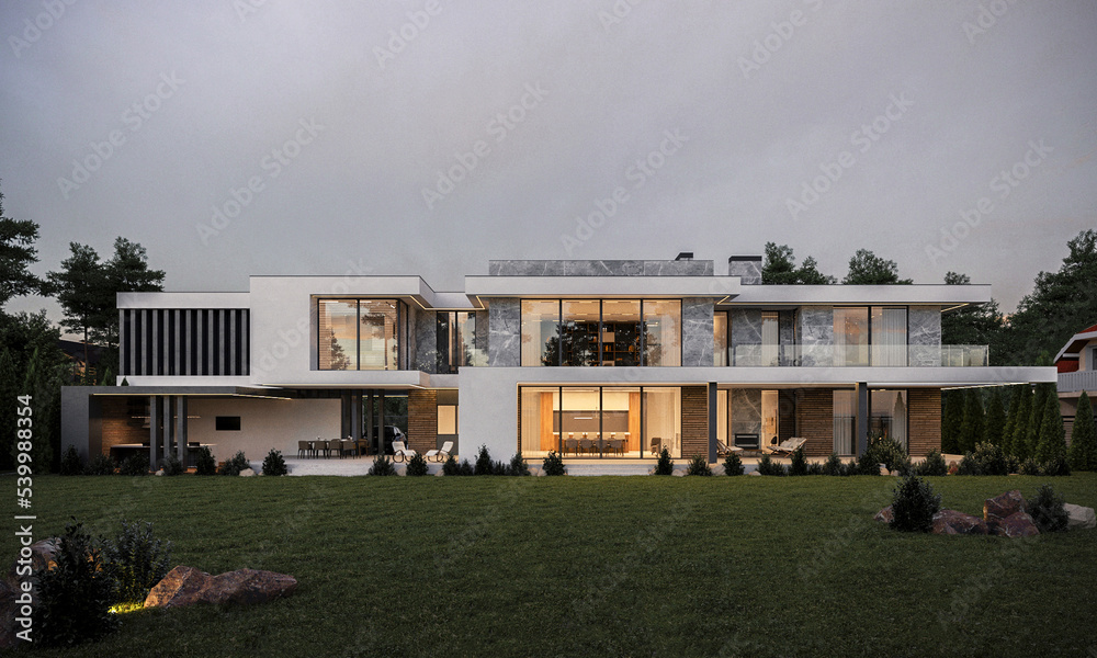Modern villa with a large terrace and panoramic windows. 3d visualization. Unique architecture. Evening illumination of the facade. - obrazy, fototapety, plakaty 
