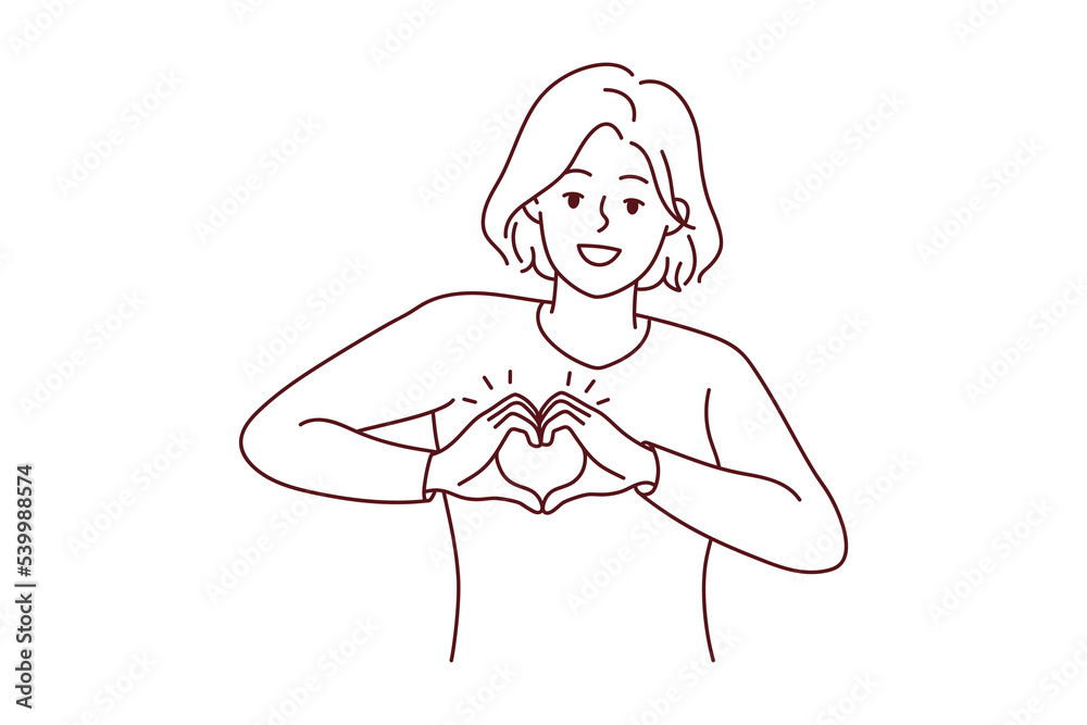Smiling young woman show heart hand gesture at heart share care and affection. Happy girl demonstrate gratitude. Charity concept. Vector illustration. Smiling young woman show heart hand gesture at heart share care and affection. Happy girl demonstrate gratitude. Charity concept. Vector illustration.