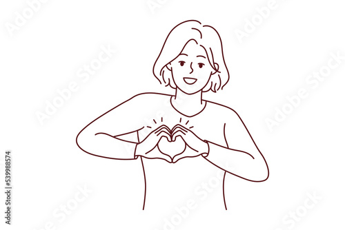 Smiling young woman show heart hand gesture at heart share care and affection. Happy girl demonstrate gratitude. Charity concept. Vector illustration. 