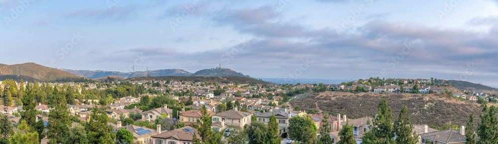 Panoramic view of upper middle class suburban neighborhood at Double Peak in San Marcos, CA